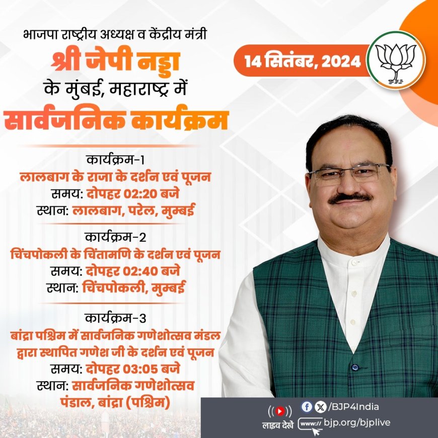 केंद्रीयमंत्री नड्डा आज मुंबई में करेंगे लालबाग के राजा के दर्शन