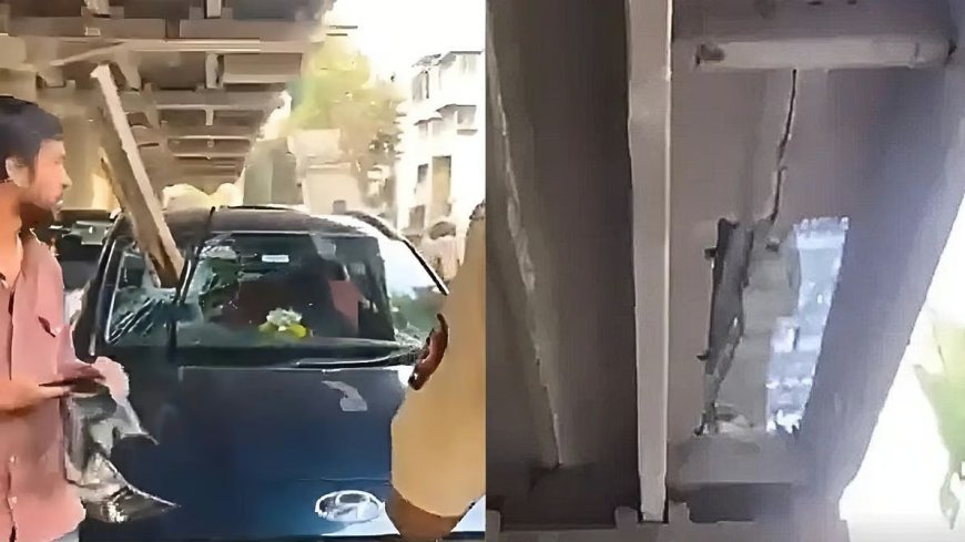 घाटकोपर में फ्लाईओवर की स्लैब गिरकर कार के विंडस्क्रीन को चीर गई, चमत्कारिक रूप से नहीं हुई कोई हानि